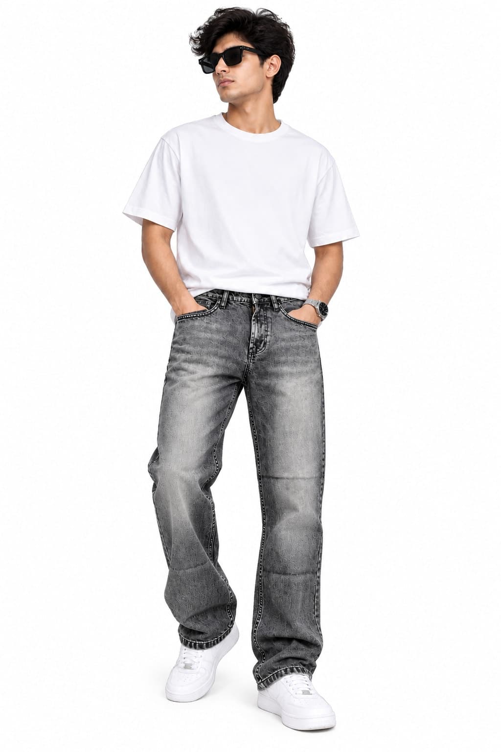 Men's Grey Acid Wash Patterned Straight Jeans - alternate view