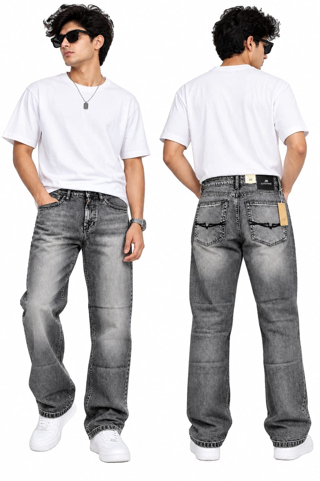Men's Grey Acid Wash Patterned Straight Jeans