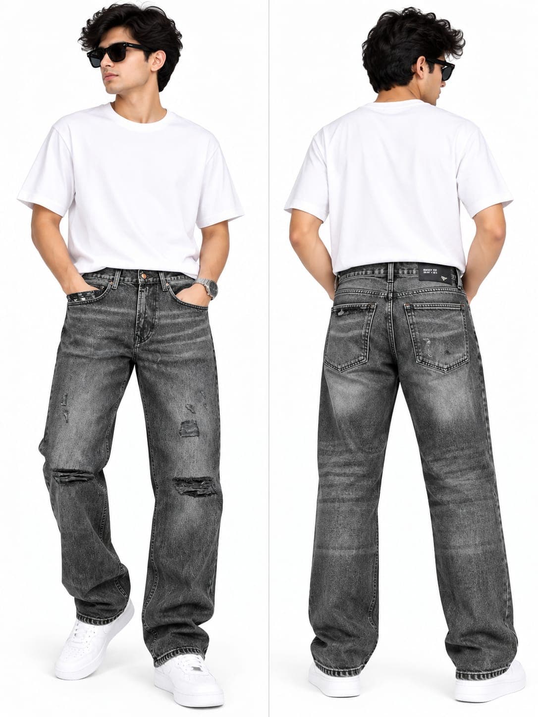 Men's Distressed Grey Vintage Wide-Leg Jeans