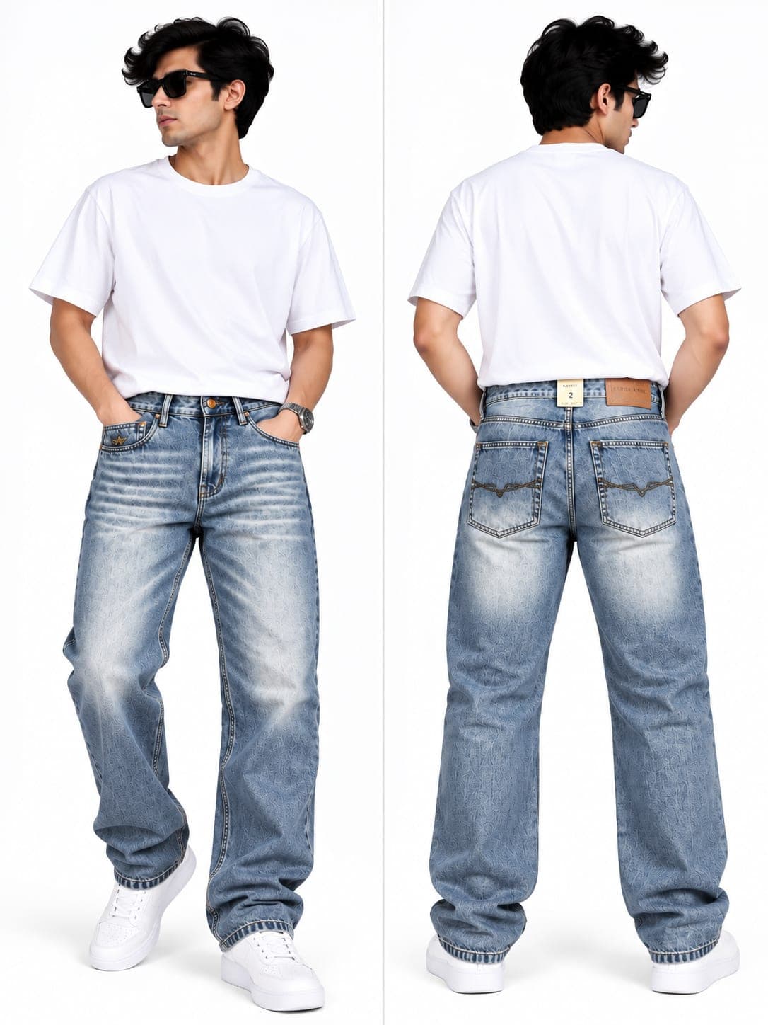 Men's Light Blue Distressed Wide-Leg Jeans