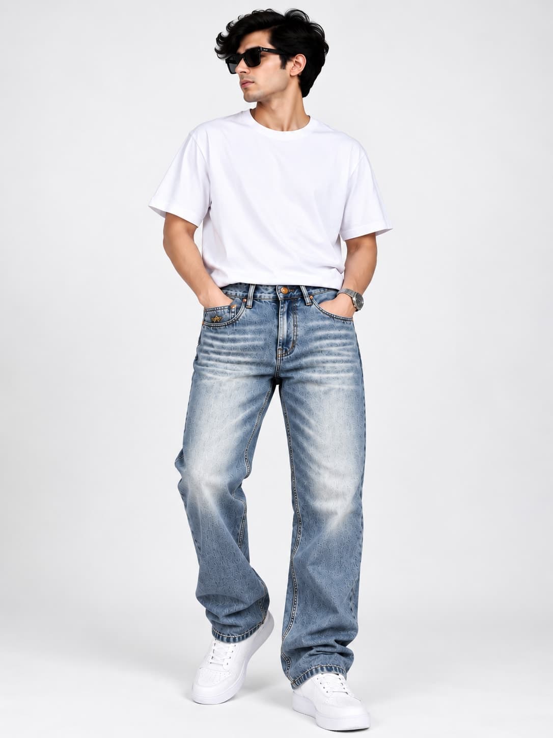 Men's Light Blue Distressed Wide-Leg Jeans - alternate view